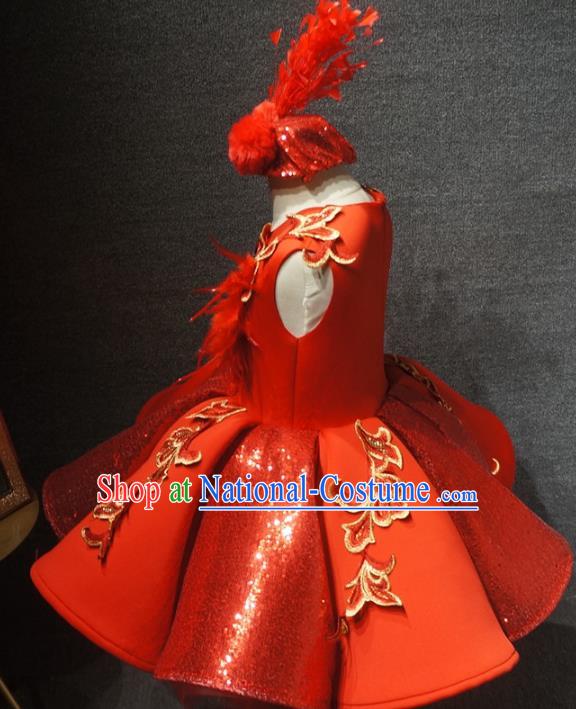 Traditional Chinese Compere Embroidered Red Short Dress Catwalks Stage Show Costume for Kids