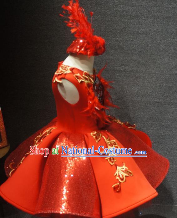 Traditional Chinese Compere Embroidered Red Short Dress Catwalks Stage Show Costume for Kids