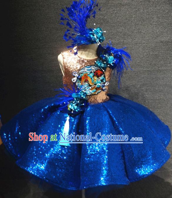 Traditional Chinese Compere Embroidered Royalblue Short Dress Catwalks Stage Show Costume for Kids