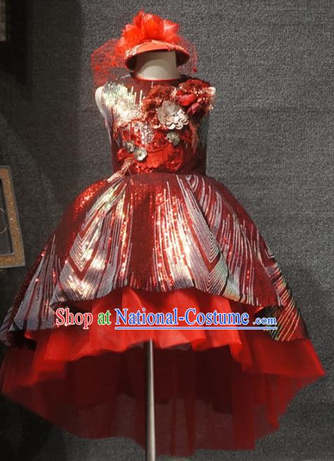 Top Children Dance Red Paillette Dress Catwalks Princess Stage Show Birthday Costume for Kids