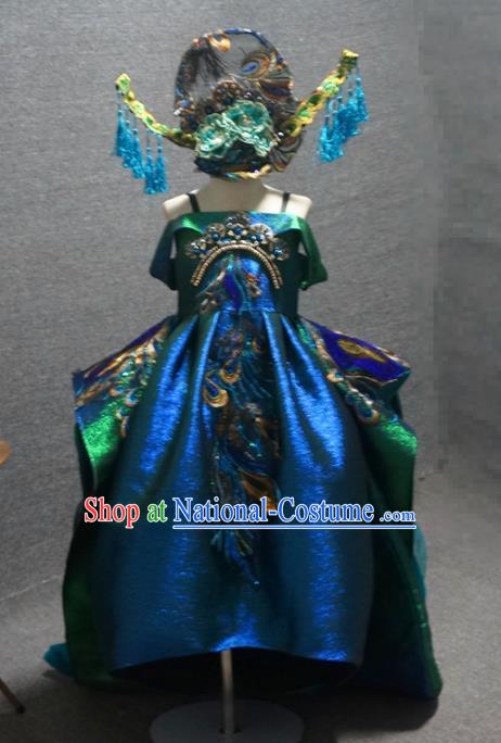 Traditional Chinese Catwalks Embroidered Peacock Green Trailing Dress Compere Stage Performance Costume for Kids