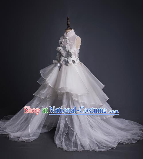 Top Children Cosplay Queen White Veil Trailing Full Dress Compere Catwalks Stage Show Dance Costume for Kids