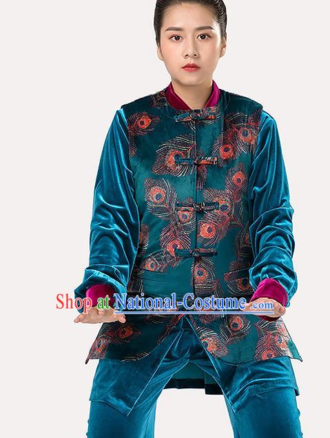 Traditional Chinese Tang Suit Peacock Blue Vest Martial Arts Waistcoat Costume for Women