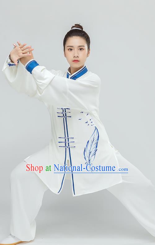 Top Tai Chi Kung Fu Printing Feather White Outfits Chinese Traditional Martial Arts Stage Performance Costumes for Women