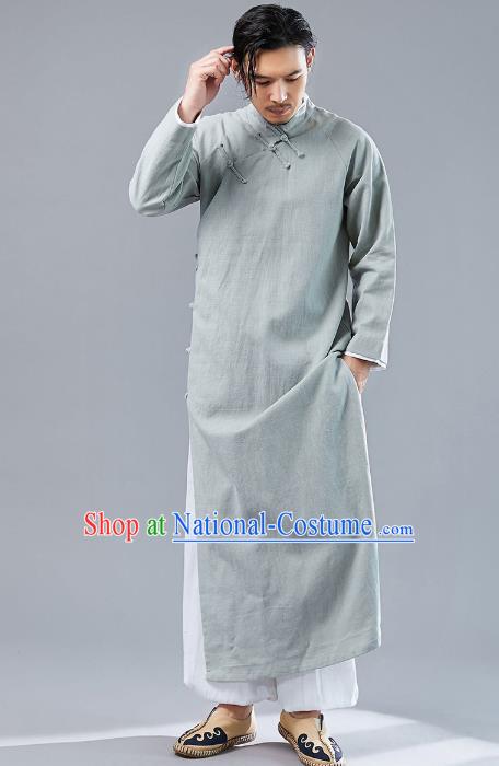 Top Chinese Tang Suit Light Green Flax Robe Traditional Republic of China Kung Fu Costumes for Men