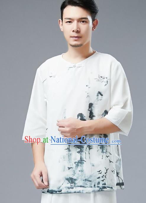 Chinese Tang Suit Ink Painting Chiffon Shirt Traditional Tai Chi Kung Fu Upper Outer Garment Costume for Men