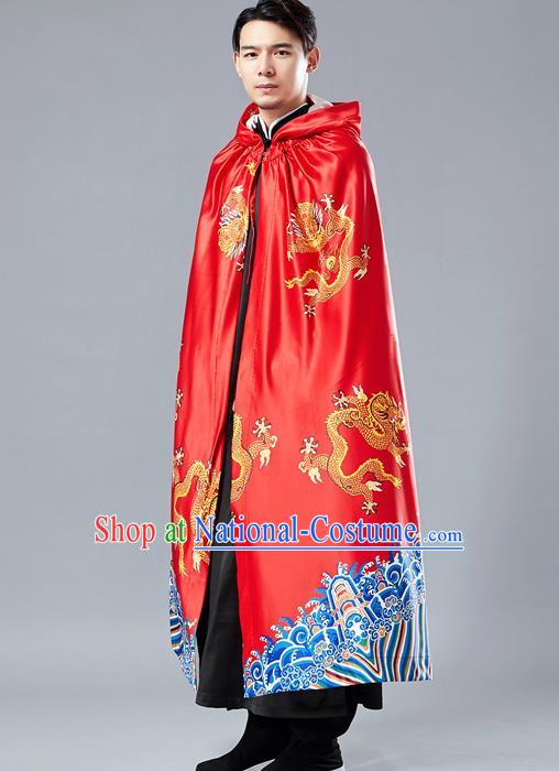 Top Chinese Tang Suit Printing Dragon Red Cape Traditional Tai Chi Kung Fu Cloak Costume for Men