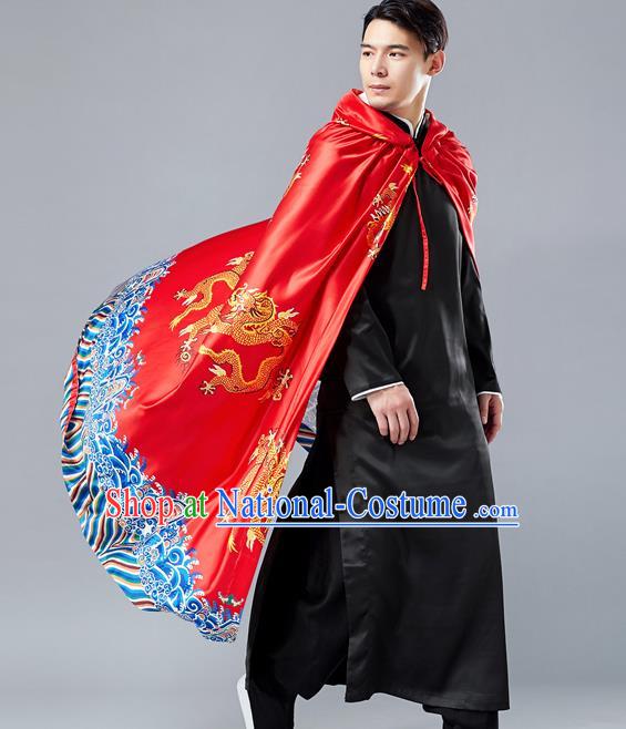 Top Chinese Tang Suit Printing Dragon Red Cape Traditional Tai Chi Kung Fu Cloak Costume for Men