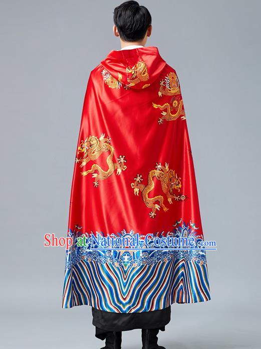 Top Chinese Tang Suit Printing Dragon Red Cape Traditional Tai Chi Kung Fu Cloak Costume for Men