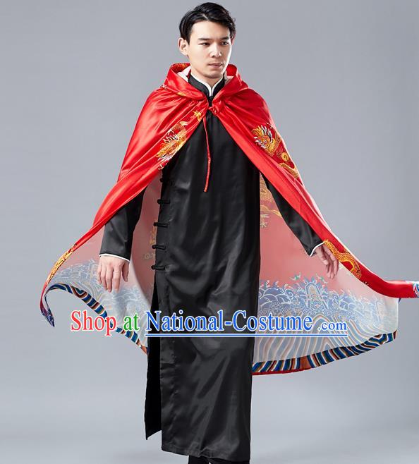 Top Chinese Tang Suit Printing Dragon Red Cape Traditional Tai Chi Kung Fu Cloak Costume for Men