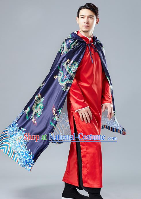 Top Chinese Tang Suit Printing Dragon Navy Cape Traditional Tai Chi Kung Fu Cloak Costume for Men