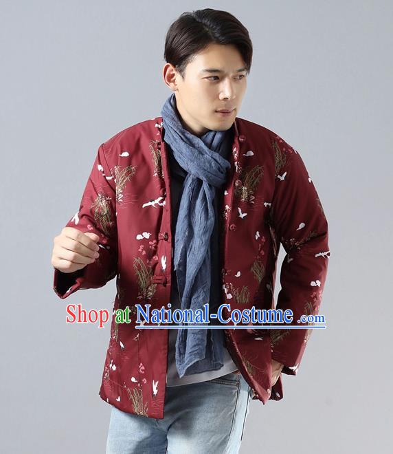 Top Chinese Tang Suit Red Cotton Padded Jacket Traditional Tai Chi Kung Fu Coat Costume for Men