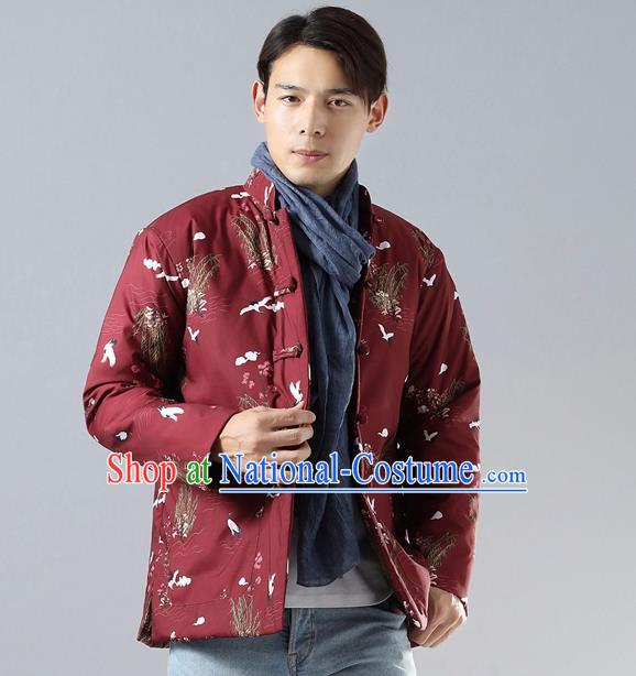 Top Chinese Tang Suit Red Cotton Padded Jacket Traditional Tai Chi Kung Fu Coat Costume for Men