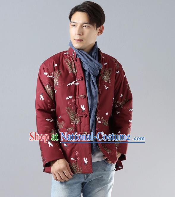 Top Chinese Tang Suit Red Cotton Padded Jacket Traditional Tai Chi Kung Fu Coat Costume for Men