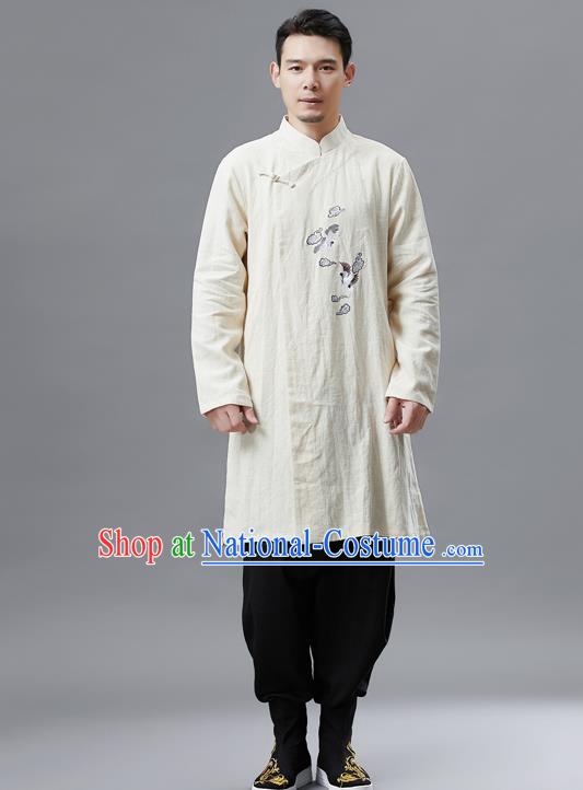 Top Chinese Tang Suit Embroidered Crane Beige Flax Jacket Traditional Tai Chi Kung Fu Overcoat Costume for Men