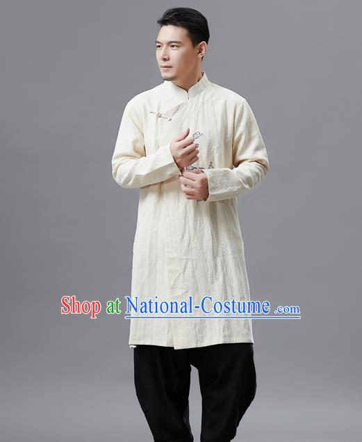 Top Chinese Tang Suit Embroidered Crane Beige Flax Jacket Traditional Tai Chi Kung Fu Overcoat Costume for Men