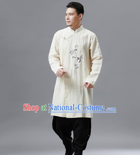 Top Chinese Tang Suit Embroidered Crane Beige Flax Jacket Traditional Tai Chi Kung Fu Overcoat Costume for Men