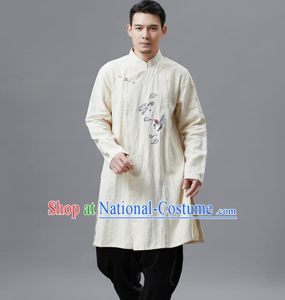 Top Chinese Tang Suit Embroidered Crane Beige Flax Jacket Traditional Tai Chi Kung Fu Overcoat Costume for Men