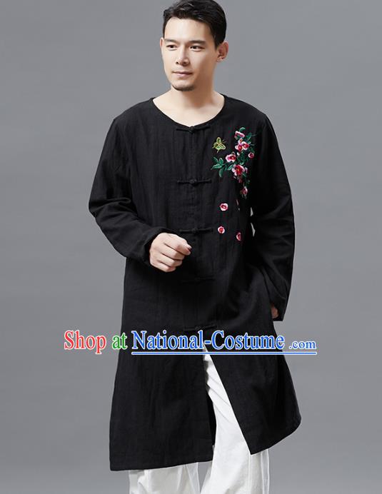 Top Chinese Tang Suit Embroidered Black Flax Shirt Traditional Tai Chi Kung Fu Upper Outer Garment Costume for Men