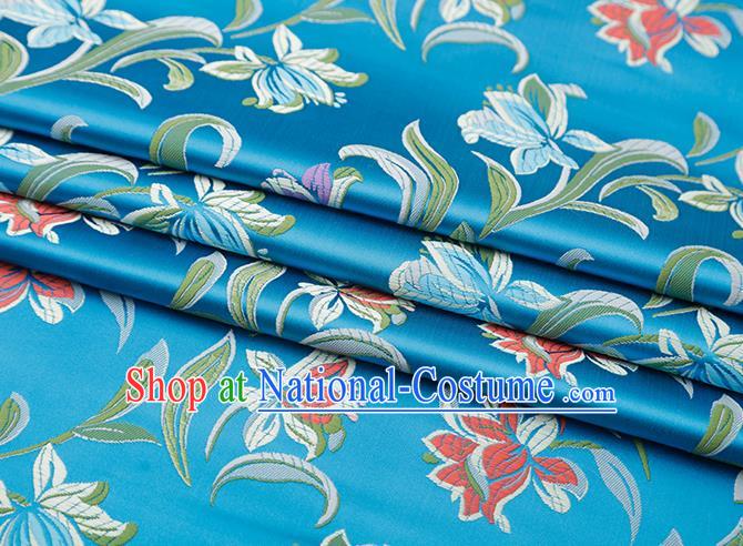 Chinese Traditional Daffodil Pattern Lake Blue Brocade Fabric Cheongsam Satin Tapestry Drapery