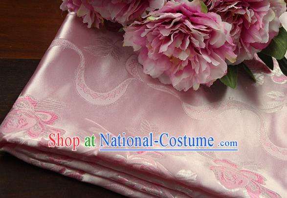 Chinese Traditional Roses Pattern Design Pink Brocade Fabric Hanfu Dress Satin Drapery