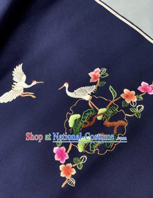 Chinese Classical Embroidered Crane Pine Pattern Design Navy Silk Fabric Asian Traditional Hanfu Brocade Material