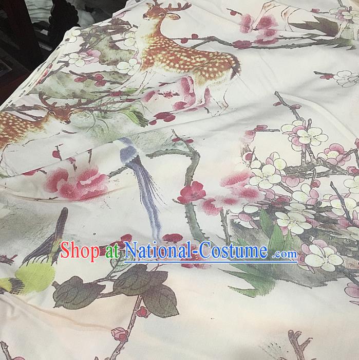 Chinese Traditional Plum Deer Design Pattern White Silk Fabric Cheongsam Mulberry Silk Drapery