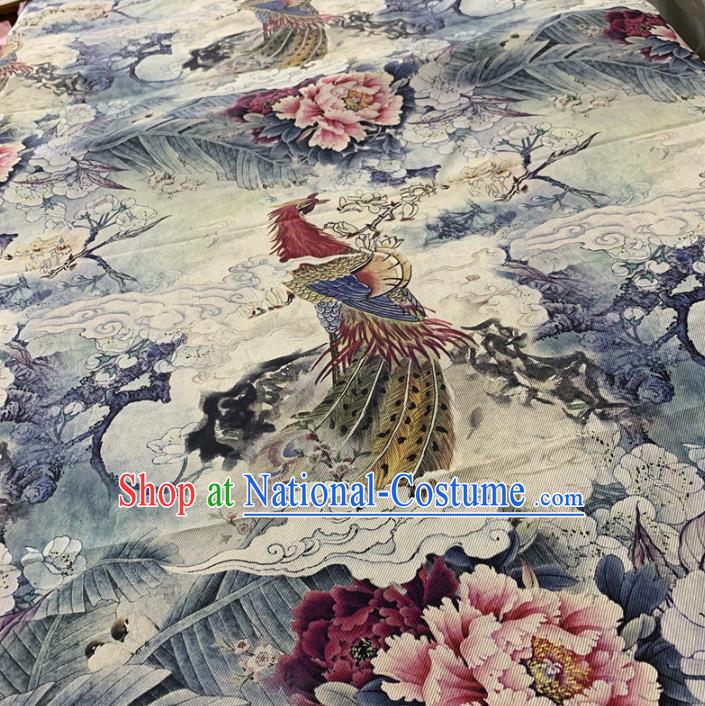 Chinese Traditional Mangnolia Phoenix Peony Design Pattern White Silk Fabric Cheongsam Mulberry Silk Drapery