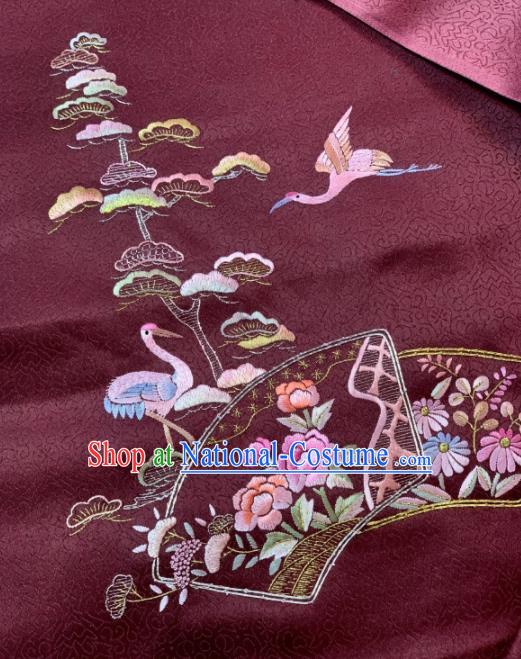 Chinese Classical Embroidered Crane Peony Pattern Design Wine Red Silk Fabric Asian Traditional Hanfu Brocade Material