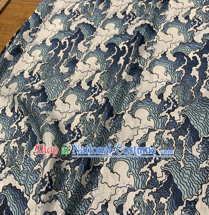 Chinese Traditional Blue Wave Design Pattern Silk Fabric Cheongsam Mulberry Silk Drapery