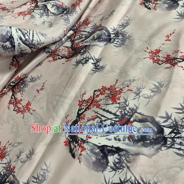 Chinese Traditional Plum Bamboo Design Pattern White Silk Fabric Cheongsam Mulberry Silk Drapery