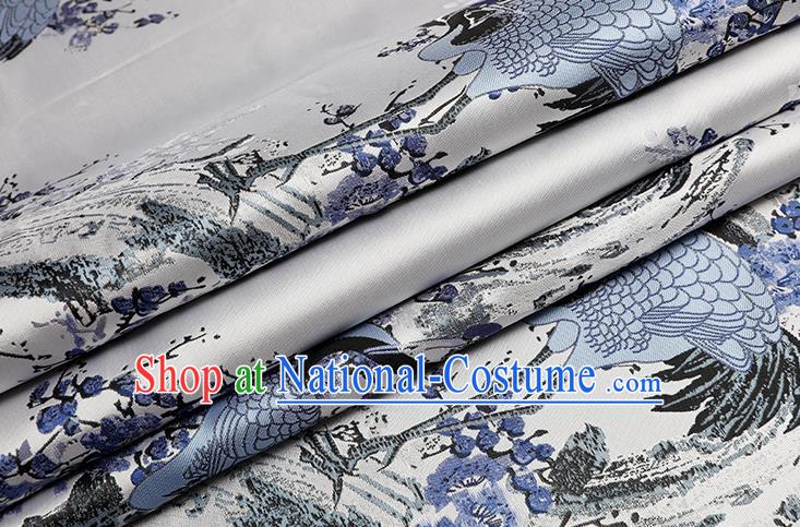 Chinese Traditional Plum Crane Pattern White Brocade Fabric Cheongsam Tapestry Drapery