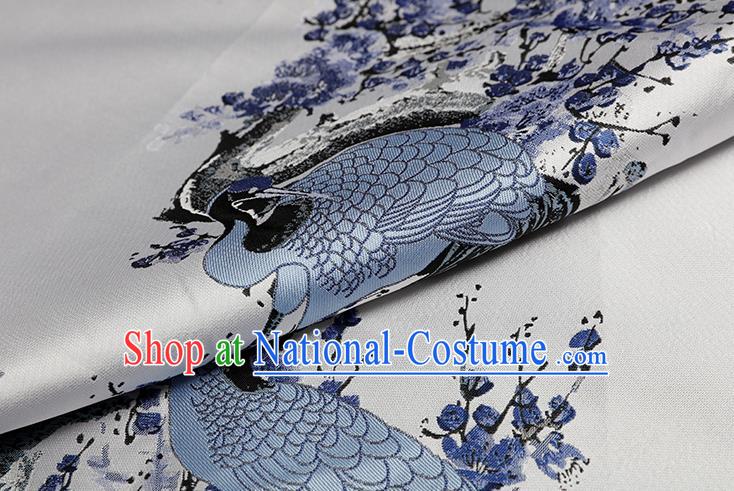 Chinese Traditional Plum Crane Pattern White Brocade Fabric Cheongsam Tapestry Drapery