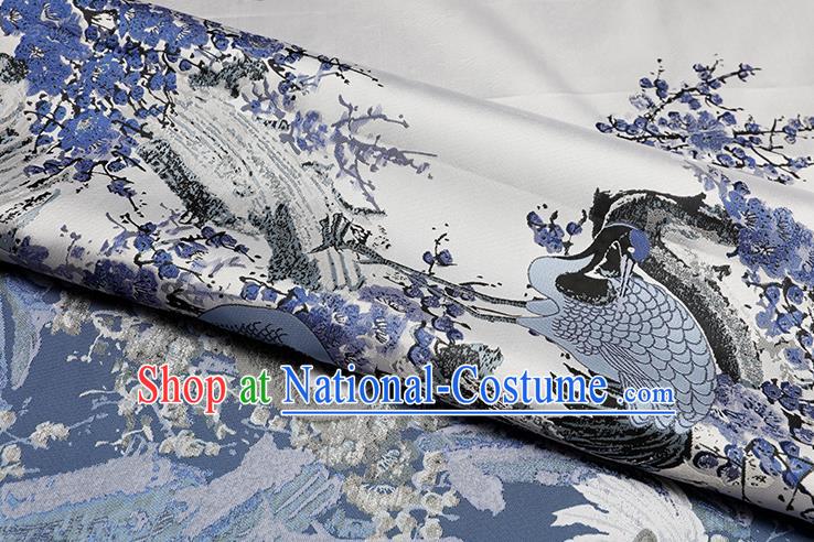 Chinese Traditional Plum Crane Pattern White Brocade Fabric Cheongsam Tapestry Drapery