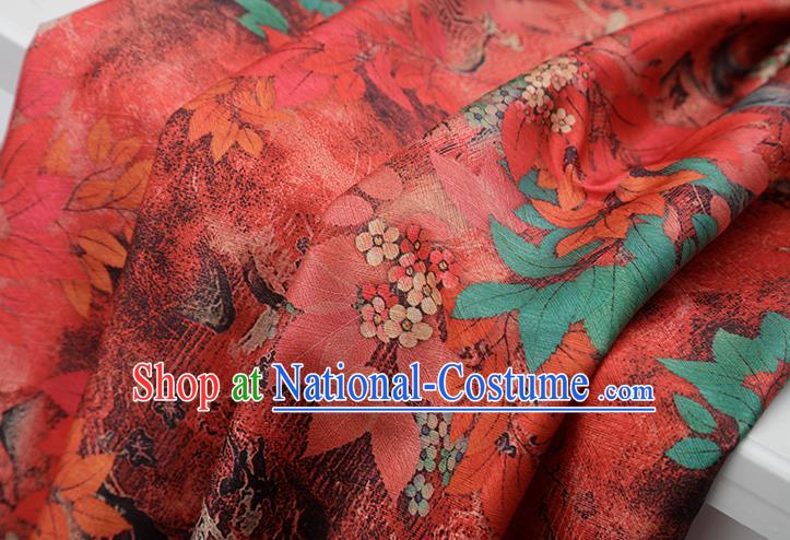 Chinese Traditional Leaf Design Pattern Red Silk Fabric Cheongsam Mulberry Silk Drapery