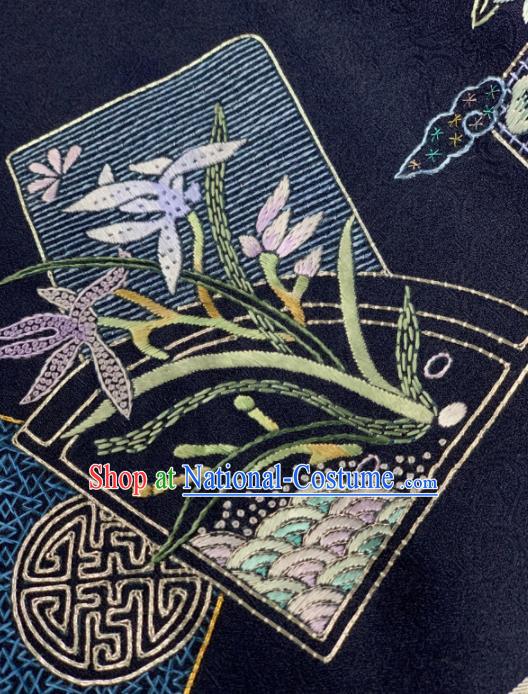 Chinese Classical Embroidered Orchid Pattern Design Navy Silk Fabric Asian Traditional Hanfu Brocade Material