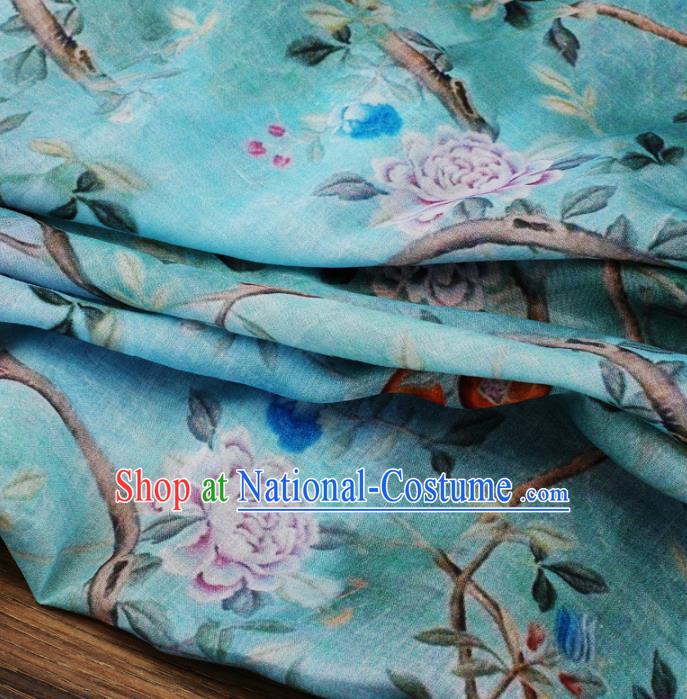 Chinese Traditional Peacock Peony Design Pattern Blue Ramie Fabric Cheongsam Ramee Drapery