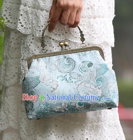 Chinese Traditional Butterfly Orchid Pattern Blue Brocade Bag Handmade Cheongsam Silk Handbag for Women