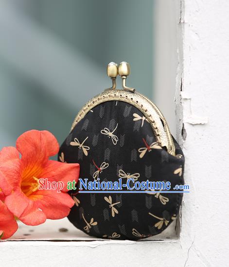 Chinese Traditional Dragonfly Pattern Black Brocade Wallet Handmade Cheongsam Handbag for Women