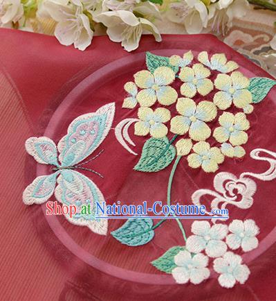 Chinese Traditional Embroidered Hydrangea Butterfly Wine Red Chiffon Applique Accessories Embroidery Patch