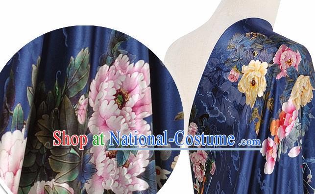 Chinese Classical Peony Pattern Design Navy Silk Fabric Asian Traditional Hanfu Mulberry Silk Material