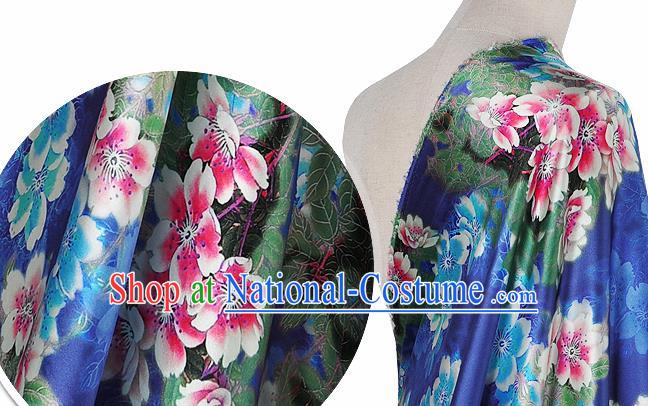 Chinese Classical Peach Blossom Pattern Design Royalblue Silk Fabric Asian Traditional Hanfu Mulberry Silk Material