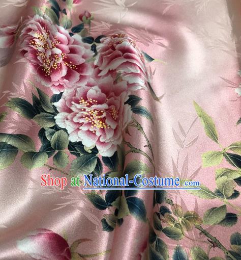 Chinese Classical Bamboo Peony Pattern Design Pink Silk Fabric Asian Traditional Hanfu Mulberry Silk Material