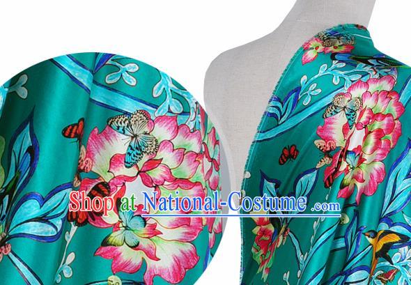 Chinese Classical Twine Peony Pattern Design Green Silk Fabric Asian Traditional Hanfu Mulberry Silk Material