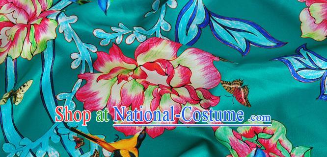 Chinese Classical Twine Peony Pattern Design Green Silk Fabric Asian Traditional Hanfu Mulberry Silk Material