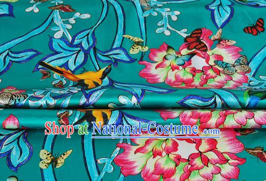 Chinese Classical Twine Peony Pattern Design Green Silk Fabric Asian Traditional Hanfu Mulberry Silk Material