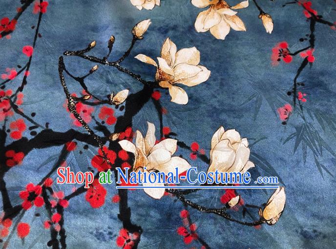 Chinese Classical Yulan Magnolia Pattern Design Navy Silk Fabric Asian Traditional Hanfu Mulberry Silk Material