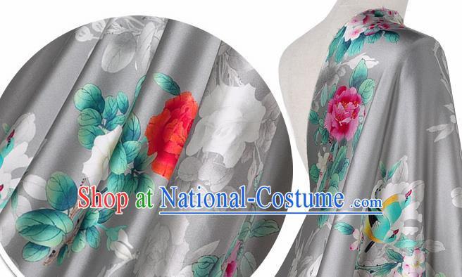 Chinese Classical Peony Flowers Pattern Design Grey Silk Fabric Asian Traditional Hanfu Mulberry Silk Material