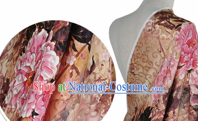 Chinese Classical Peony Pattern Design Light Brown Silk Fabric Asian Traditional Hanfu Mulberry Silk Material