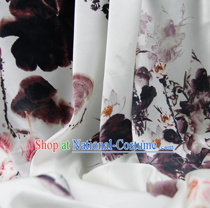 Chinese Classical Ink Lotus Pattern Design White Silk Fabric Asian Traditional Hanfu Mulberry Silk Material